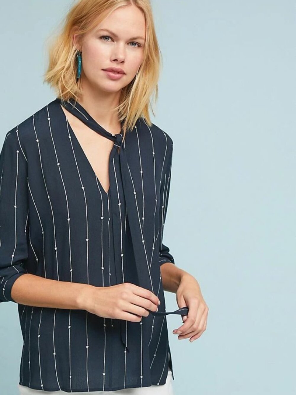 Rails Shirt Womens Small Navy Vertical Stripe Tie-Neck Blouse 21" PTP